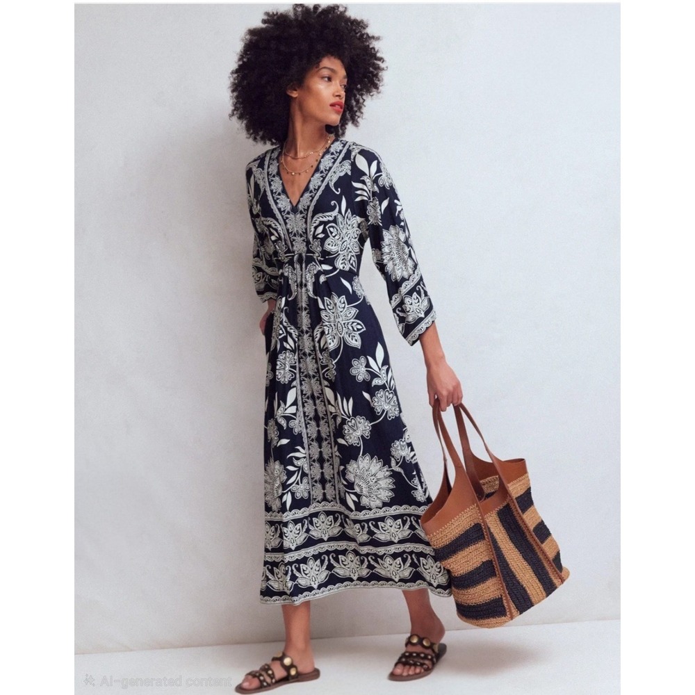 Boden Nell Kimono Midi Jersey Dress Navy White Paisley Long Sleeve Women 6